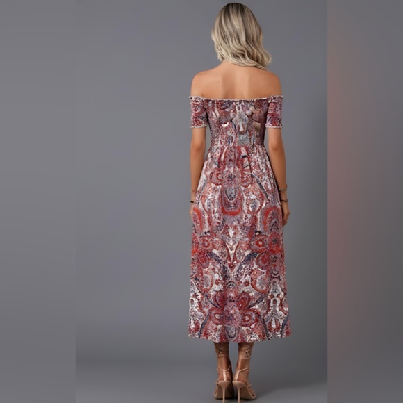 Boho Paisley Off Shoulder Split Thigh Dress - Picture 4 of 6